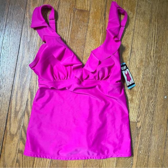 NWT DKNY Hot  Pink Two Piece Swimsuit Ruffle Plunge Large Bikini Tankini V-neck - Picture 3 of 13